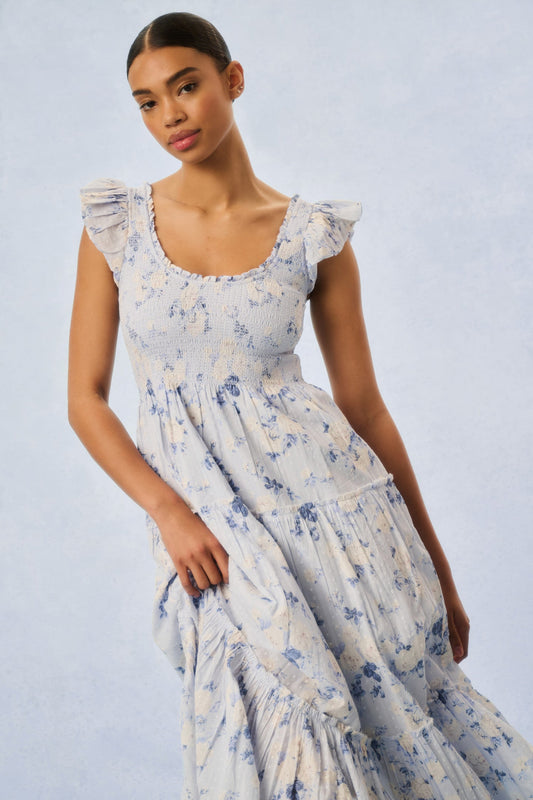 Chessie Fragrance Print Cotton Maxi Dress - WHISPER BLUE